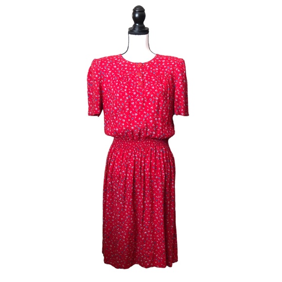 Vintage Red Ditsy Floral Midi Dress Short Sleeve 90s Retro Modest Summer Medium - Picture 1 of 14